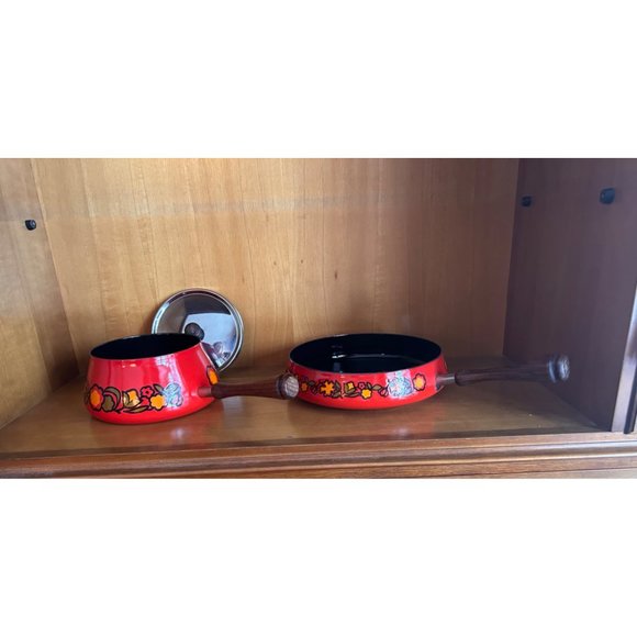 Silit Swiss Enamel Vintage Cookware, Set of 2, Floral Painted Orange Enamel, Bla - Picture 2 of 4